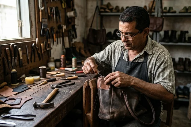 Sapateiro reformando uma bolsa de couro em Balsas.