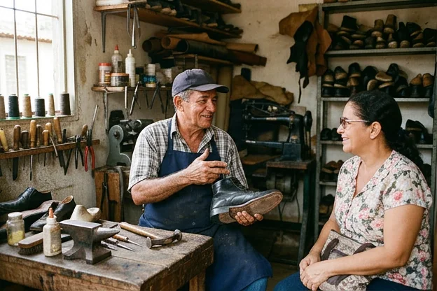 Atendimento ao cliente em Balsas por um sapateiro, em conversa profissional.