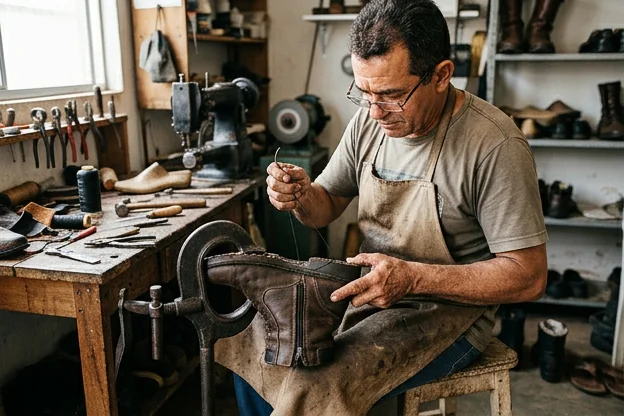Sapateiro consertando o zíper de uma bota em Balsas.
