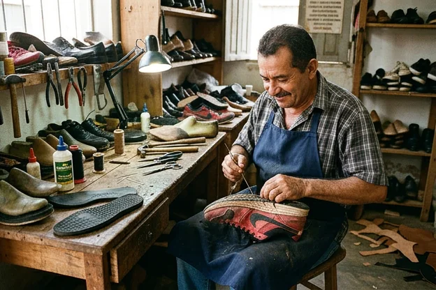 Sapateiro reparando um tênis em Balsas.